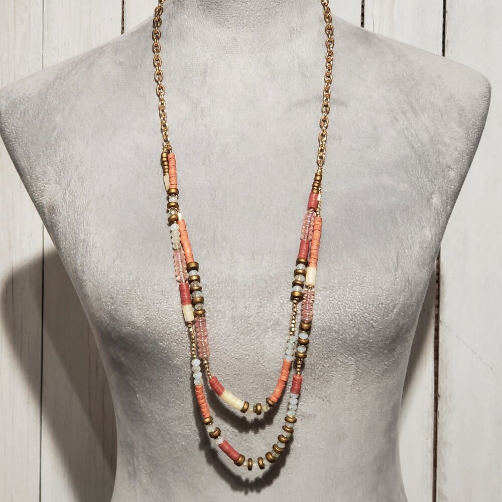 Layered Necklace Gold Coral Orange Statement Boho Chic Rustic Coastal Eclectic